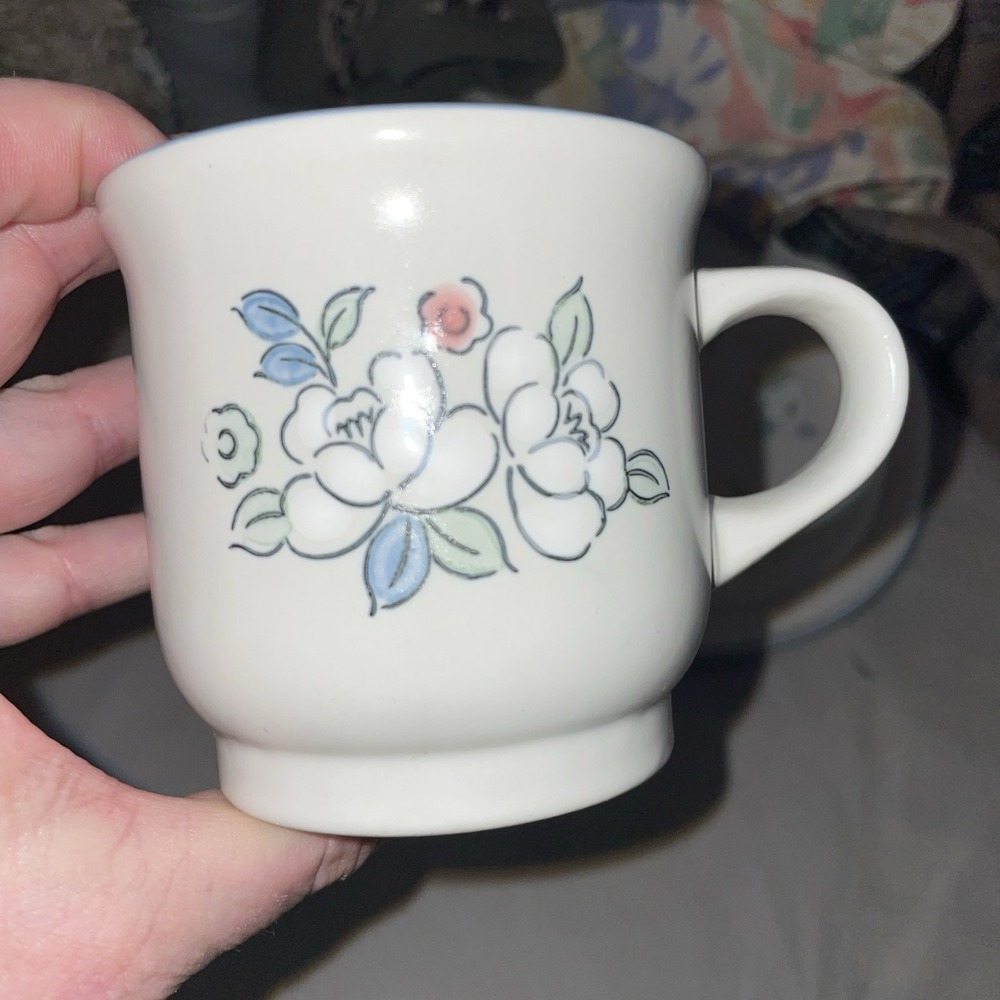 VTG Chantilly Fleur de Lune Coffee Cup White Stoneware Mugs Japan Blue Rim